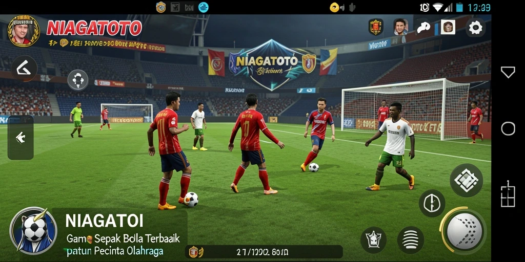 Gameplay seru di NIAGATOTO menunjukkan momen pertandingan sepak bola yang mendebarkan.